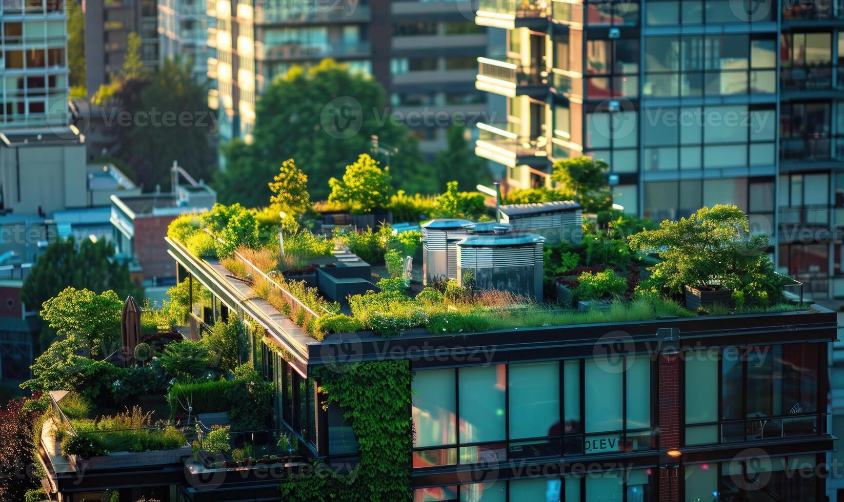 AI generated Urban rooftop garden. Modern skyscrapers, view from a terrace. photo