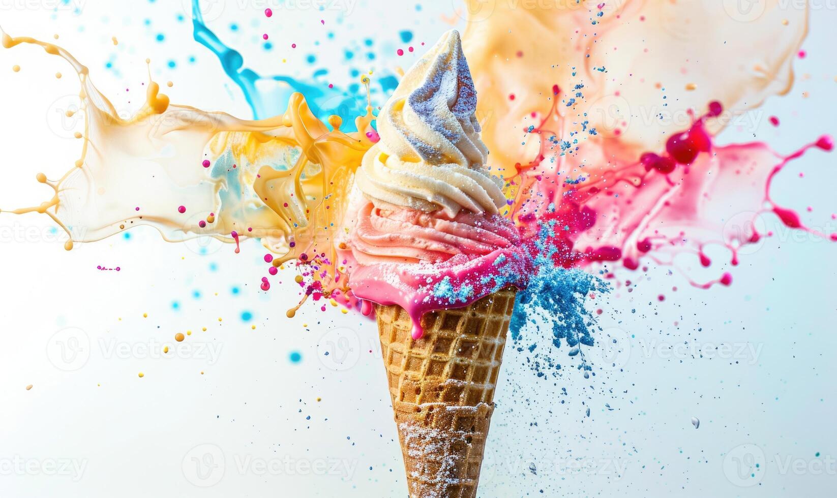 AI generated Ice cream cone explosion on white background photo