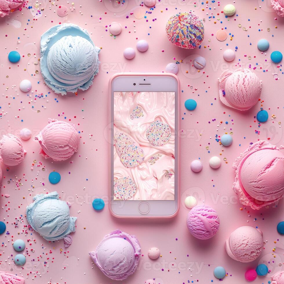 AI generated Different Ice cream scoop pattern with pastel hues and scattered toppings in a flat lay composition photo