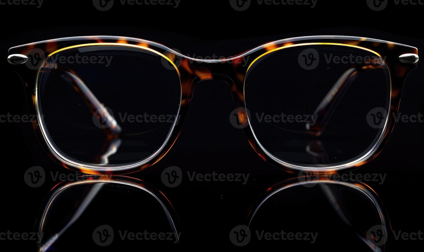 AI generated Glasses on a black background with reflection, close-up. photo
