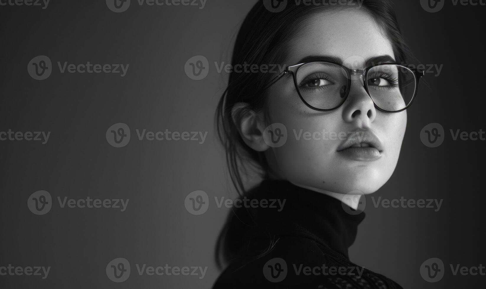 AI generated Portrait of a beautiful young brunette woman in glasses and a black jacket photo