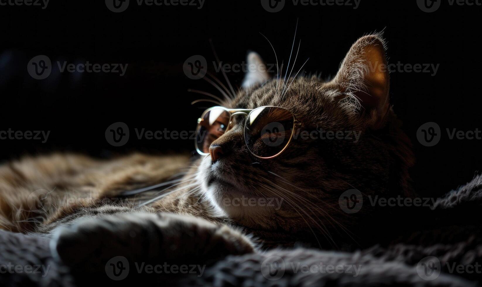 AI generated Cute cat with sunglasses lying on a sofa in the room. photo