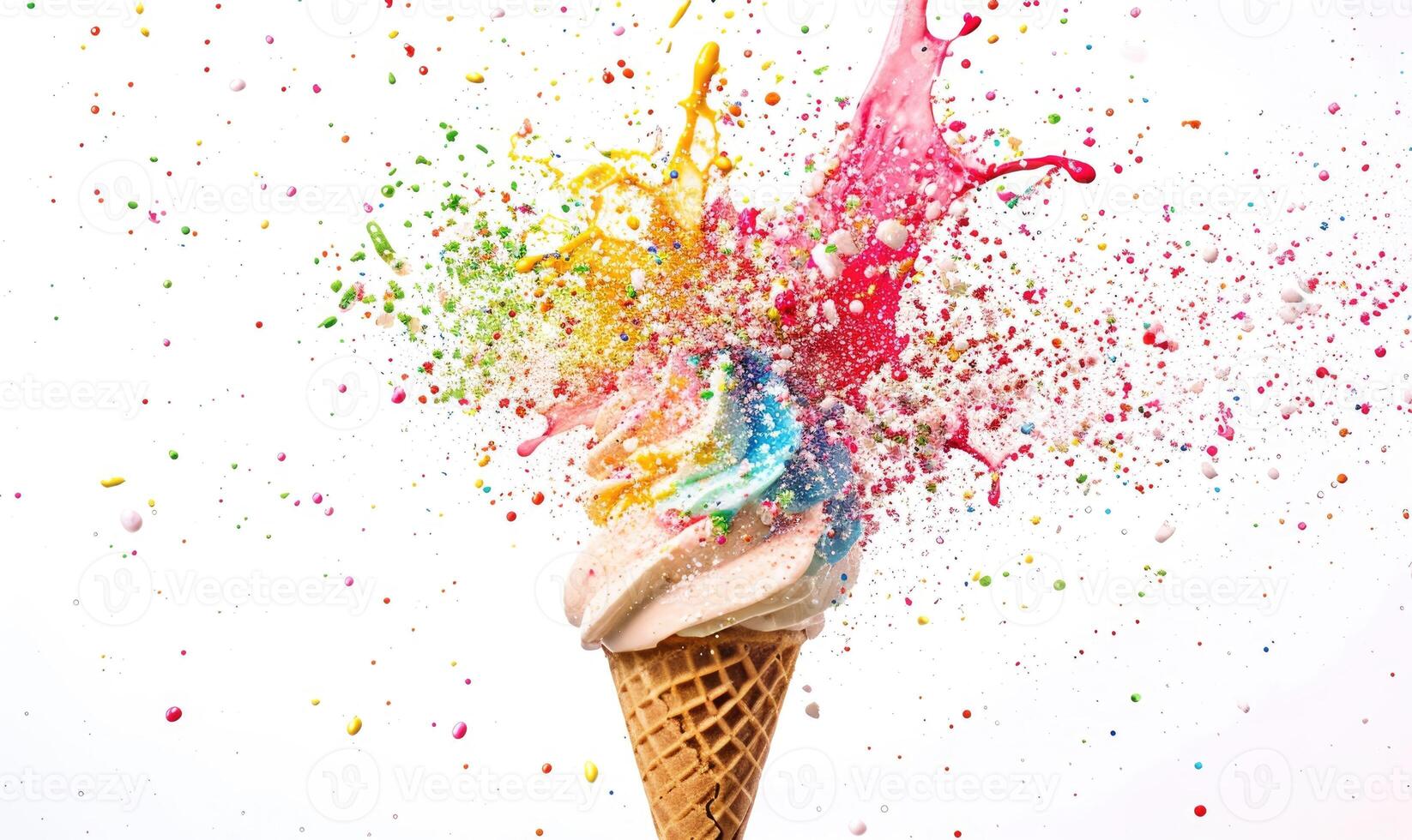 AI generated Ice cream cone explosion on white background photo