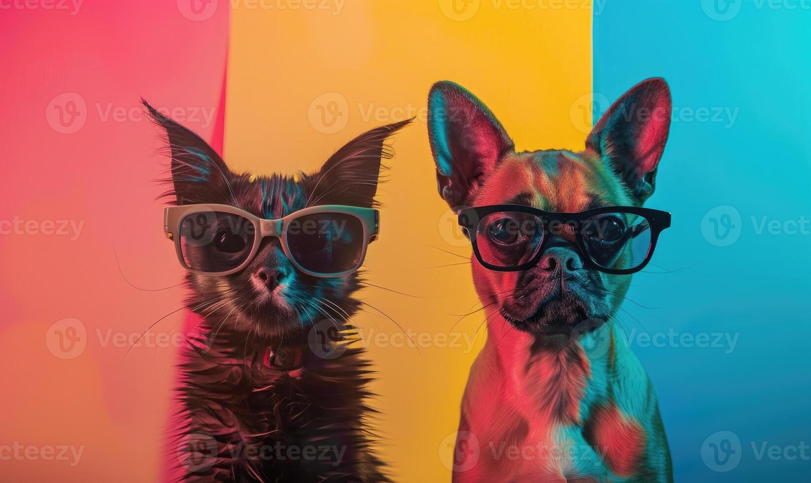 AI generated Funny cat and dog in glasses on colorful background. Studio shot. photo