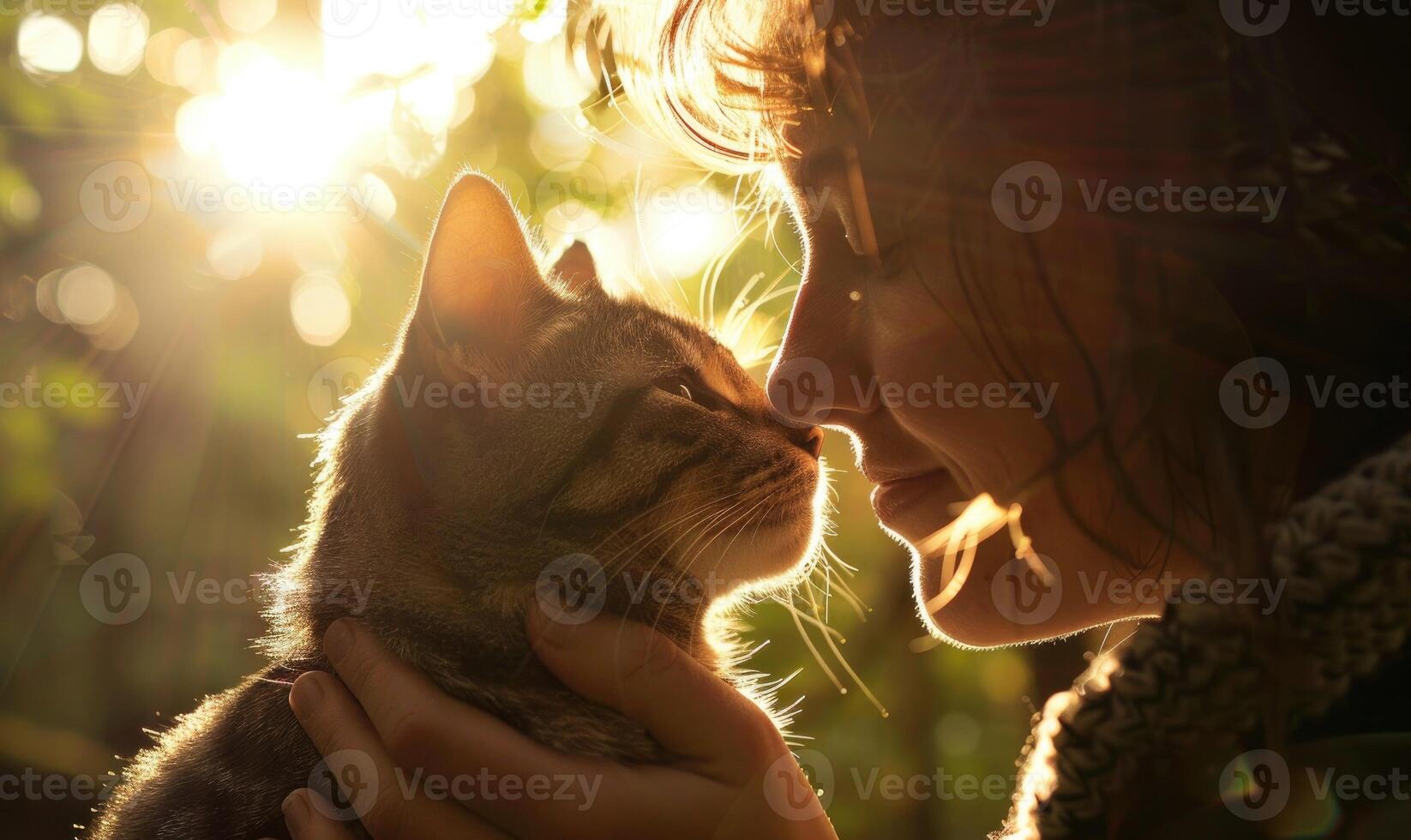 AI generated Young woman with cute cat outdoors on sunny day, closeup. Human and pet friendship photo