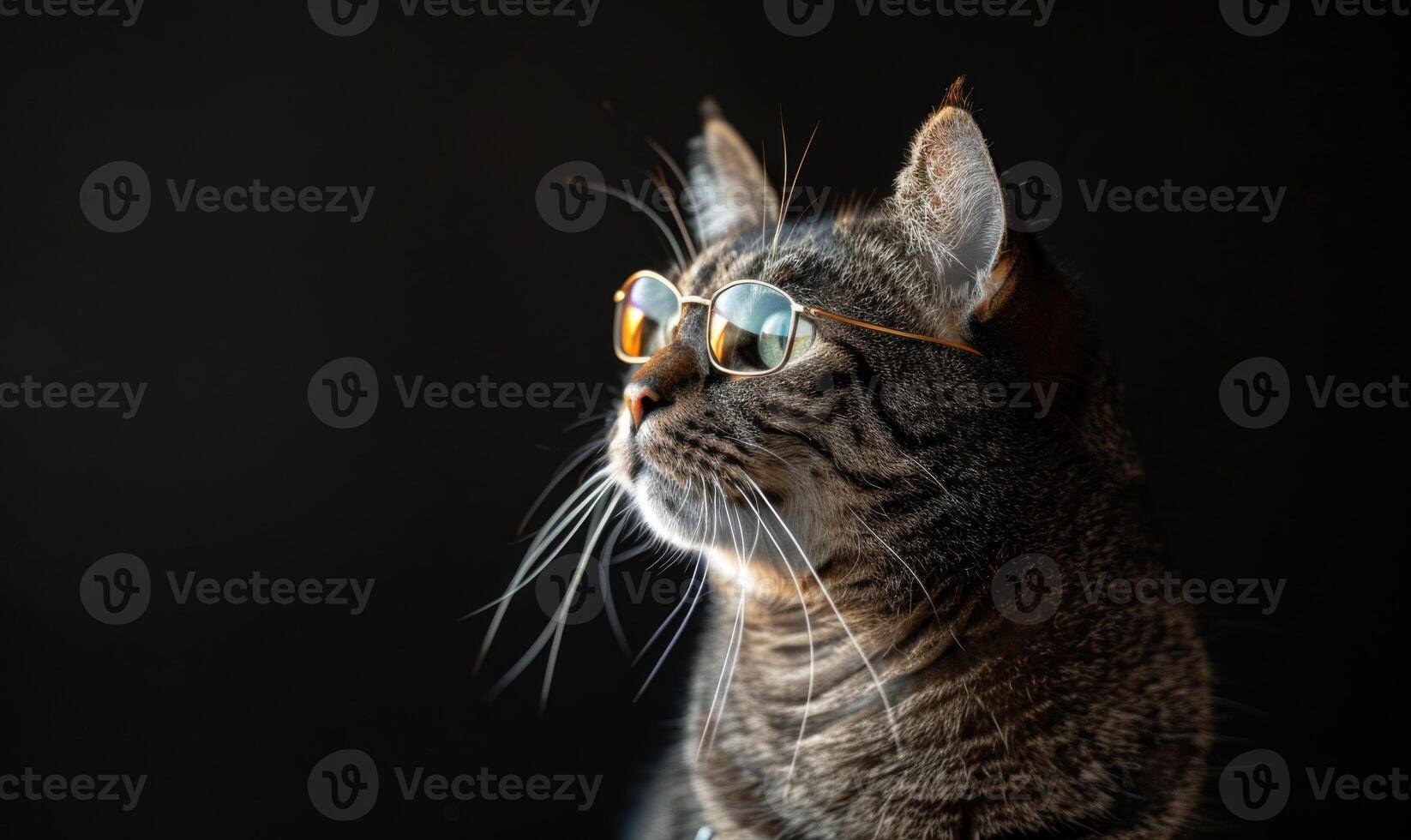 AI generated Portrait of a cute cat with glasses on a dark background. photo