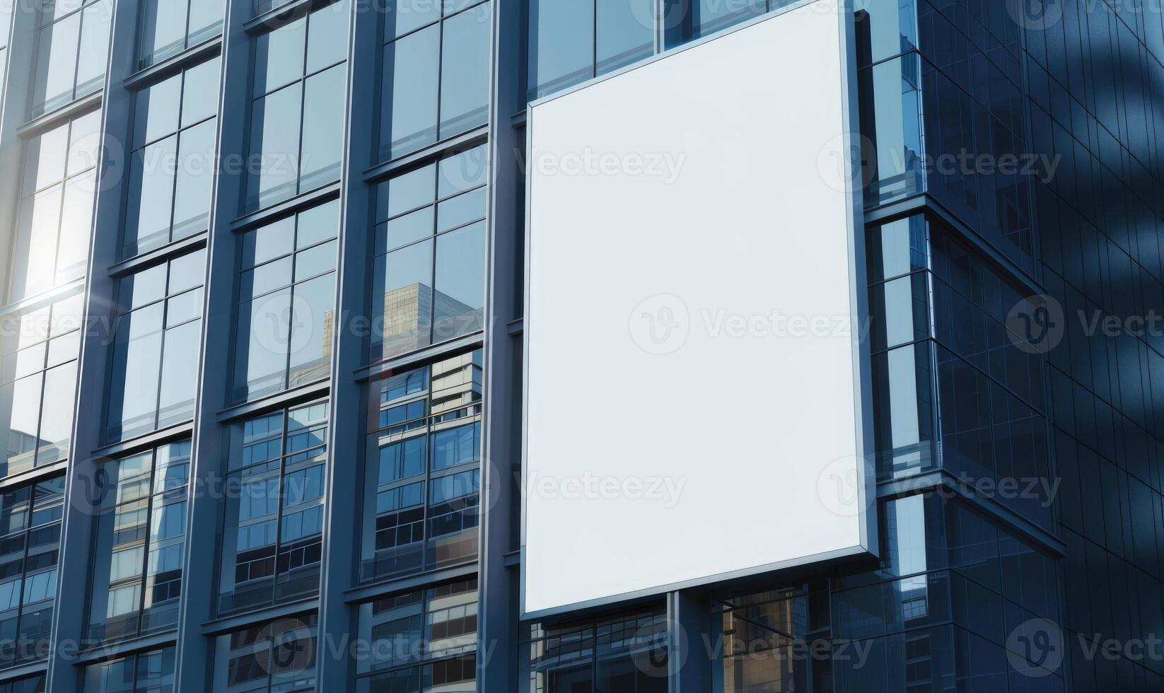 AI generated Blank screen banner mockup displayed on the modern building facade. Close Up view. photo