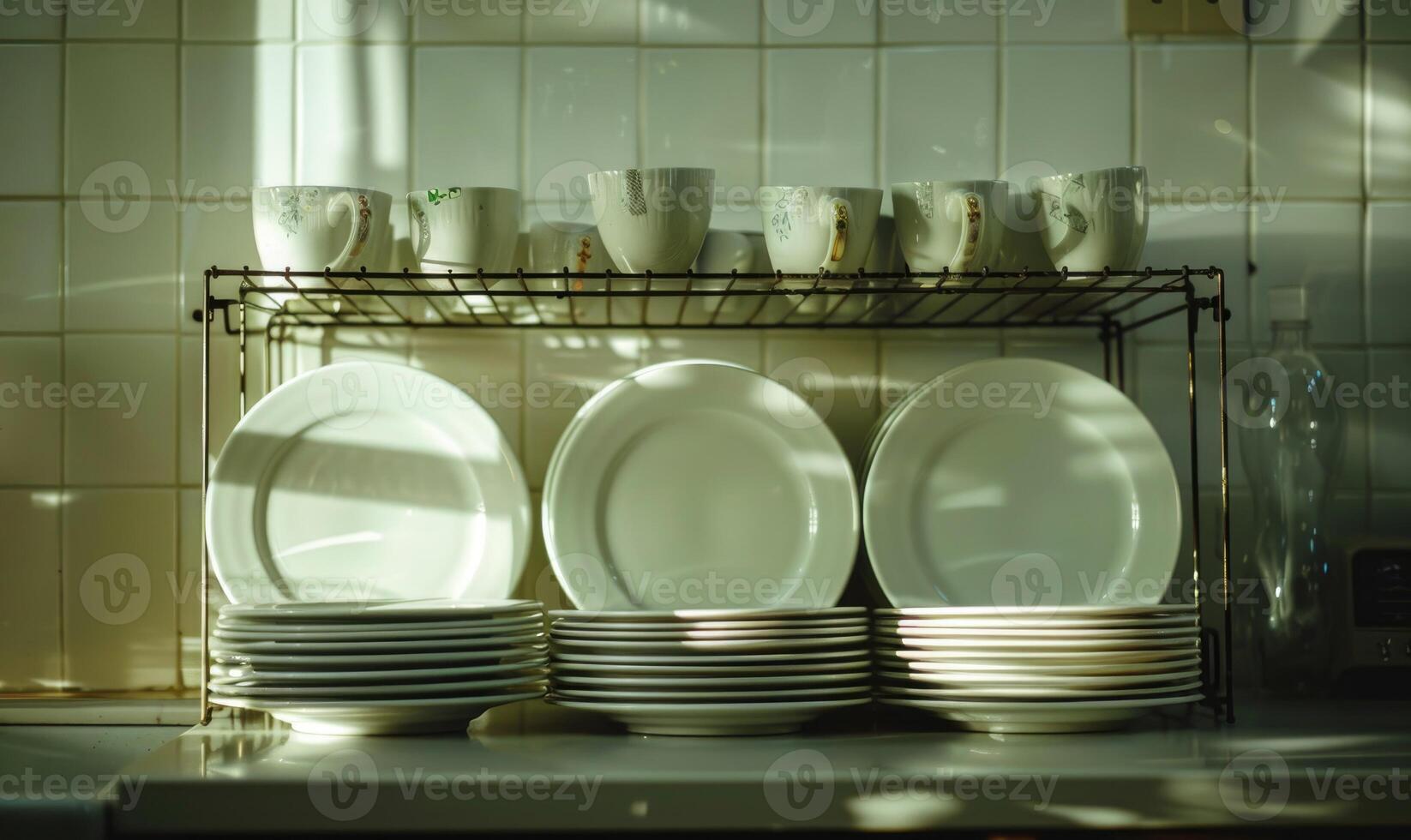 AI generated Set of clean white ceramic plates and cups on a shelf in the kitchen photo