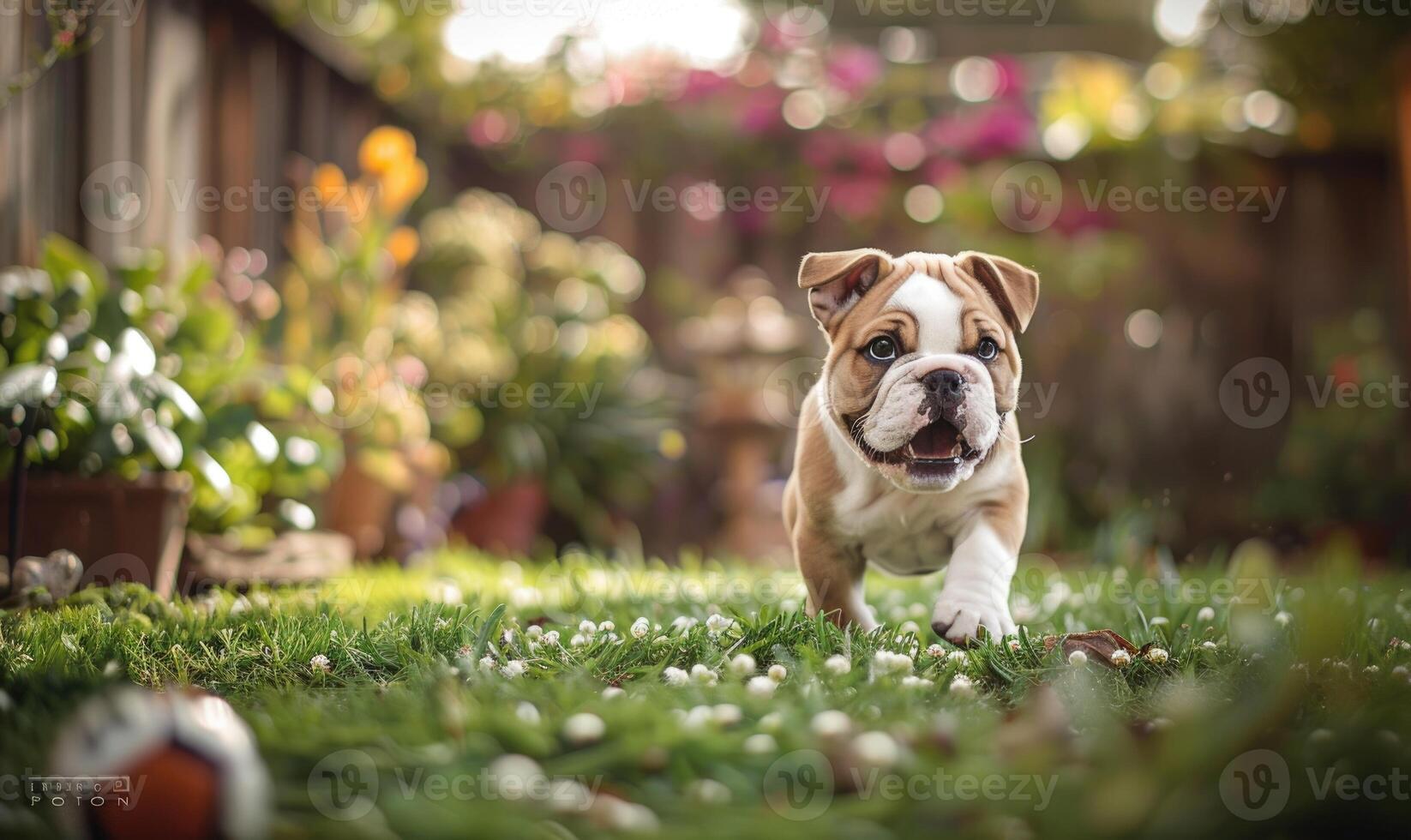 AI generated Playful bulldog puppy chasing a ball in a backyard garden photo