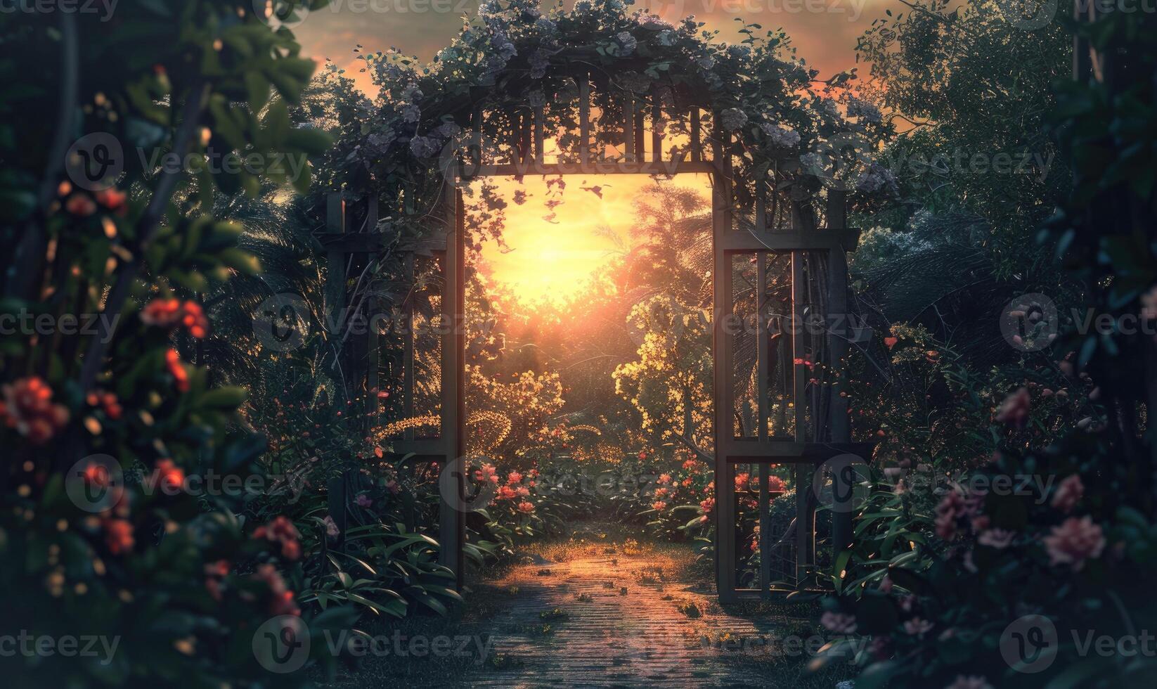 AI generated Beautiful arch in the garden at sunset time. photo
