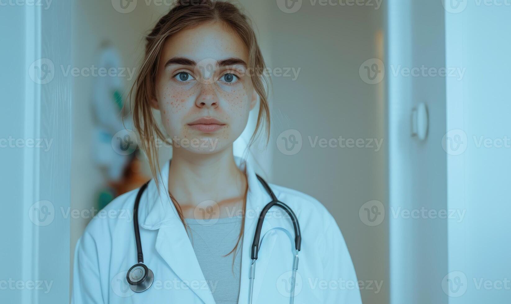 AI generated Portrait of young female doctor with stethoscope at hospital. photo