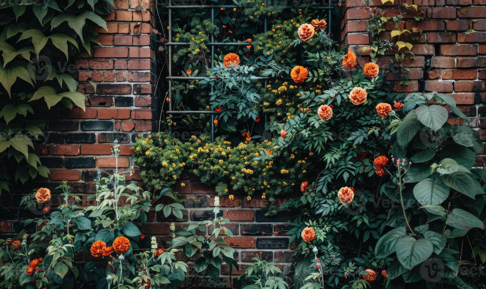 AI generated Brick wall and orange flowers in the garden. Vintage style. photo