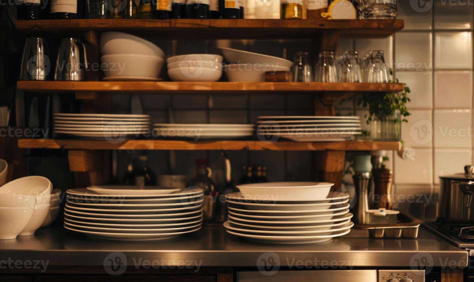 AI generated Close-up of stack of clean white dishes in modern kitchen. photo