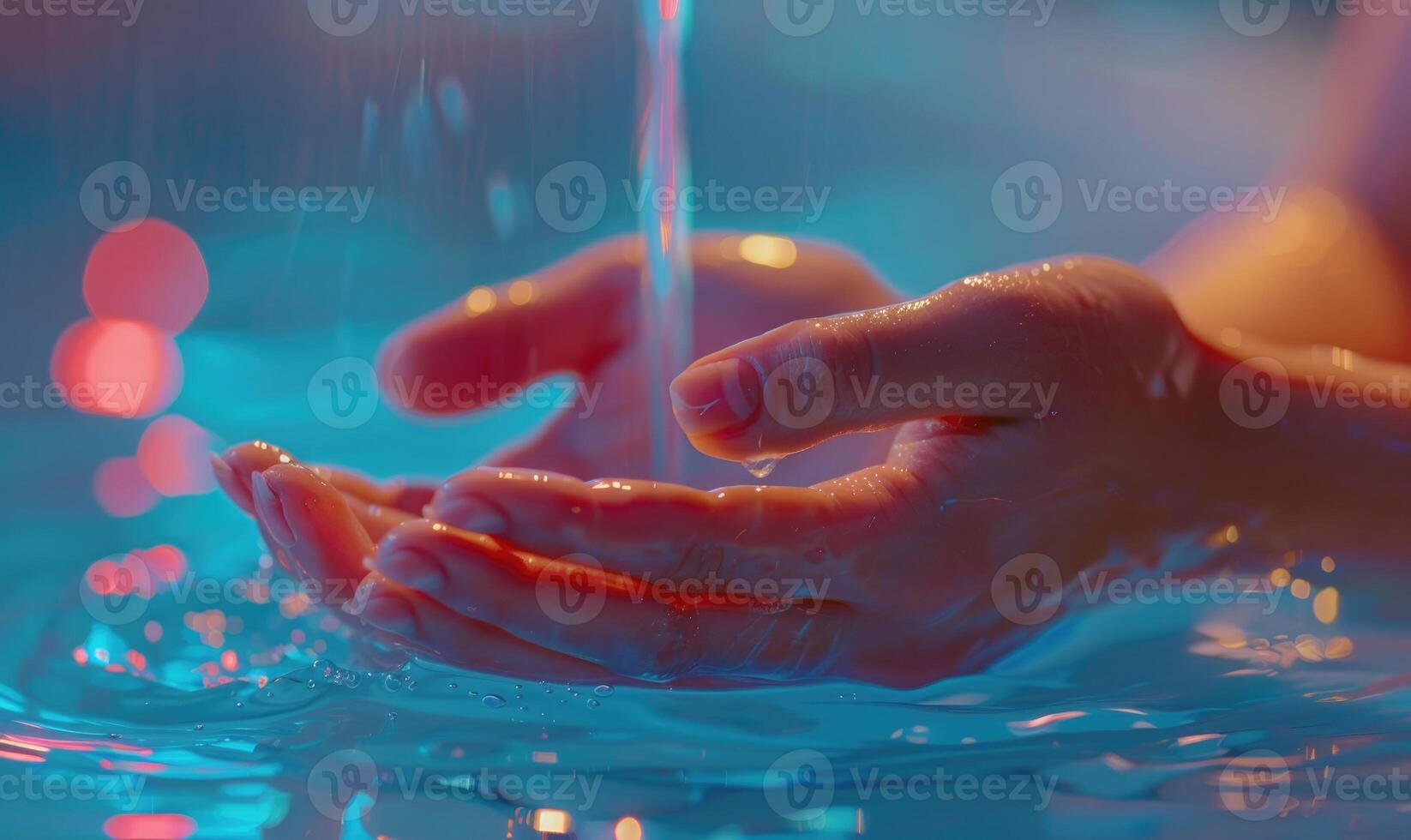 AI generated Close up of woman washing hands in a swimming pool with water. photo