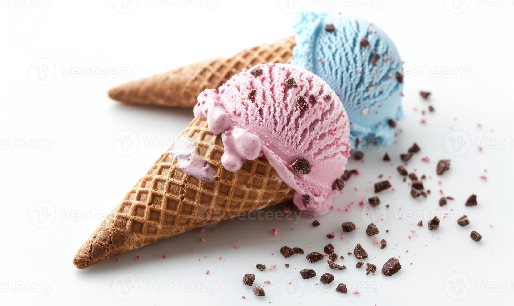 AI generated Neapolitan ice cream cones on white background photo