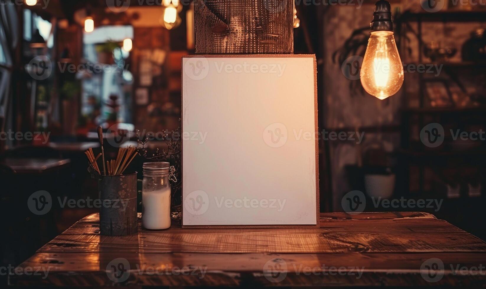 AI generated Empty wooden board on table in cafe, closeup. Space for text. Mock up for menu or design photo