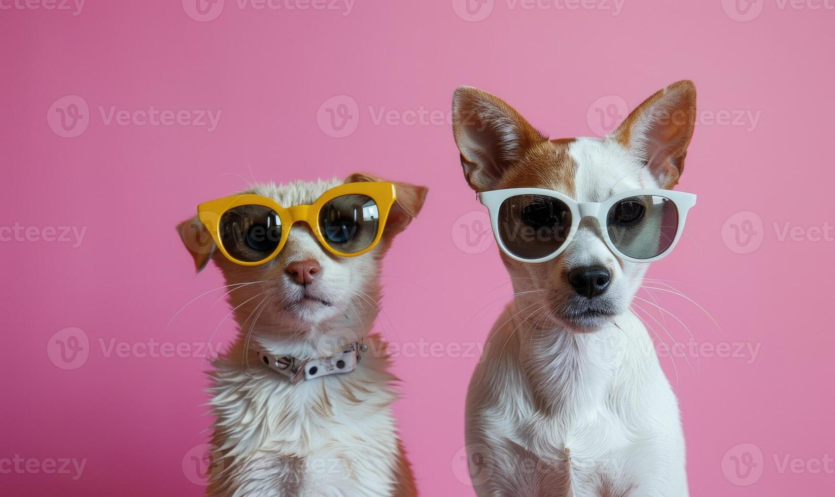 AI generated Two dogs in sunglasses on a pink background. Jack Russell Terrier. photo