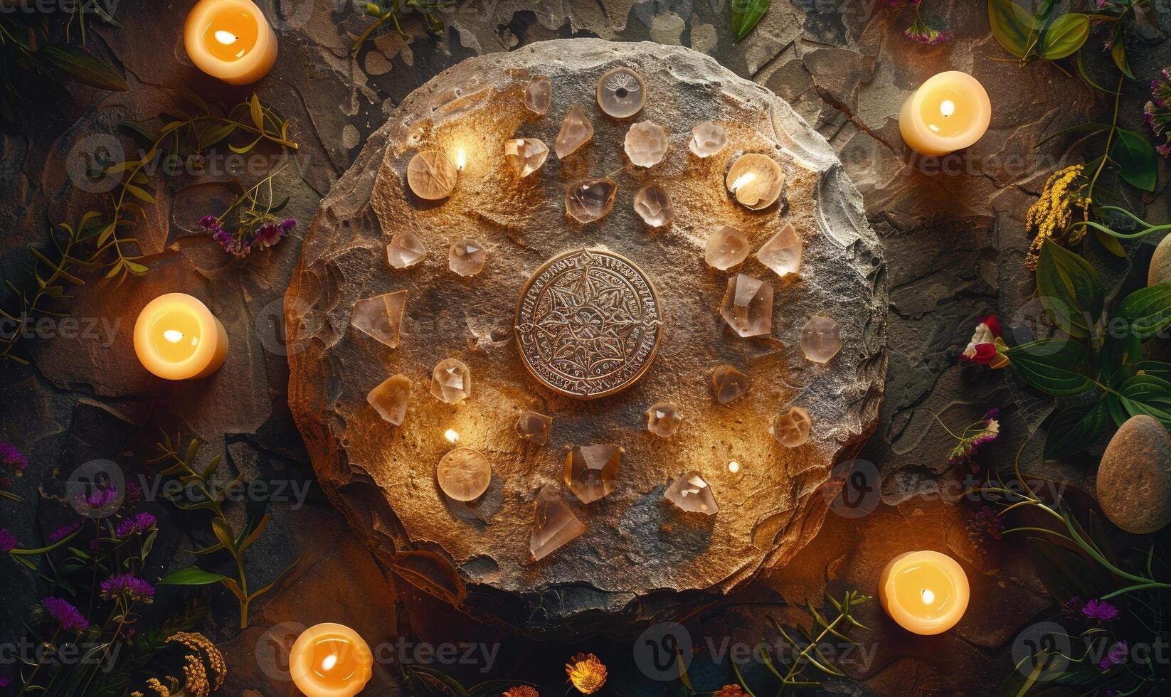 AI generated Zodiac signs on a stone plate with candles and flowers photo