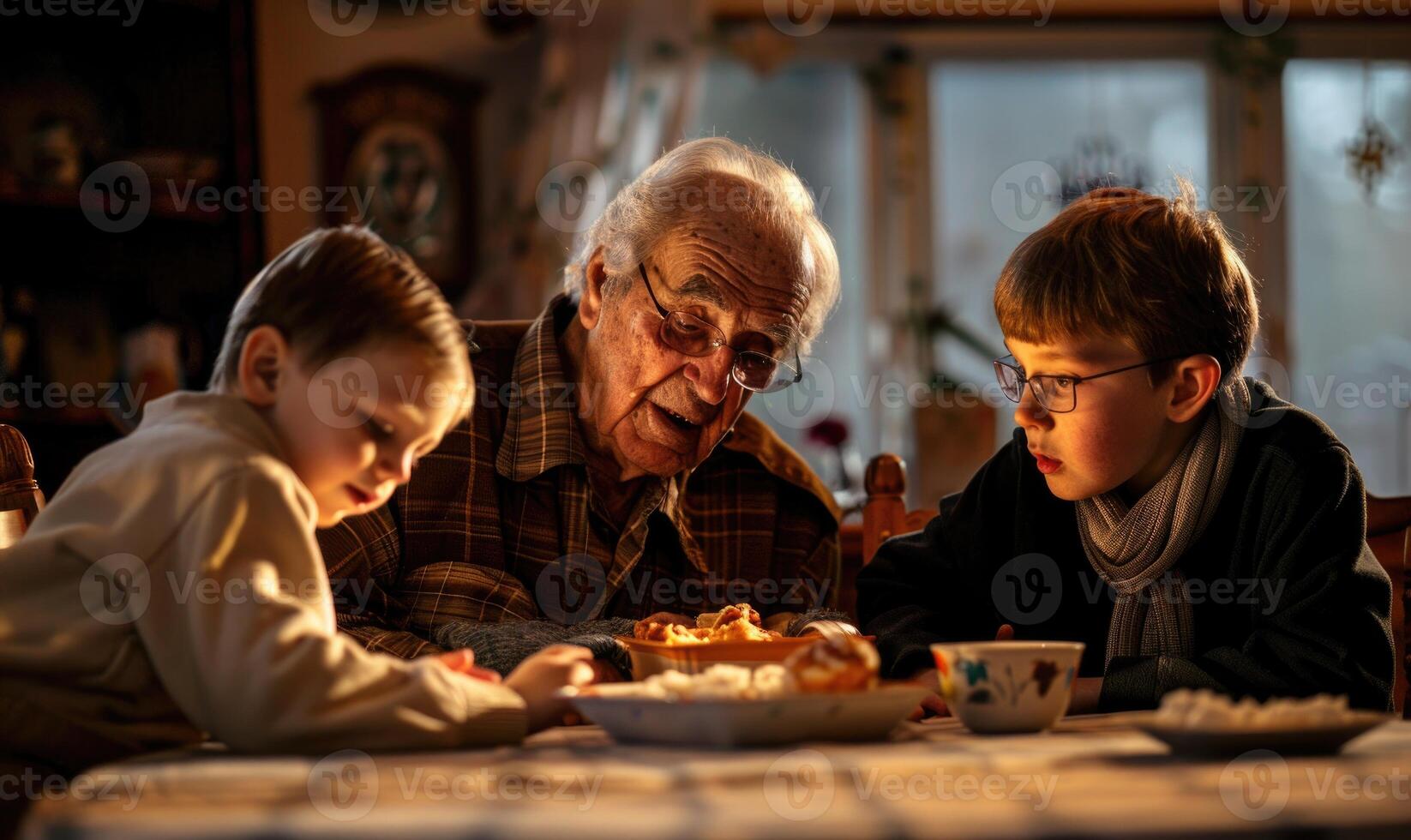 AI generated Grandfather and grandchildren having dinner at the table in the evening. photo