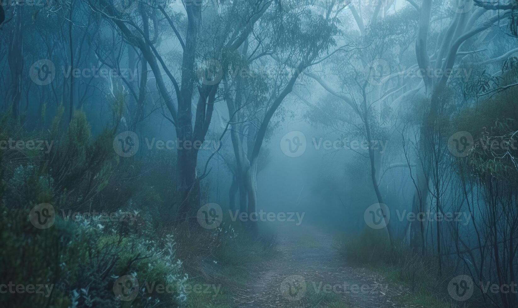 AI generated Mystical foggy forest. Foggy path in the woods. photo