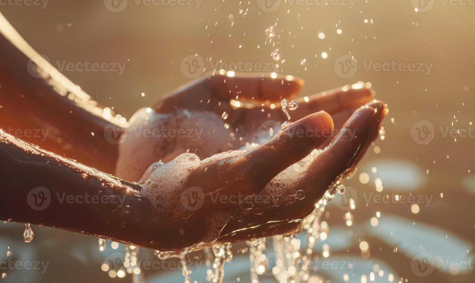 AI generated Close up of female hands washing hands with soap and water at sunset photo