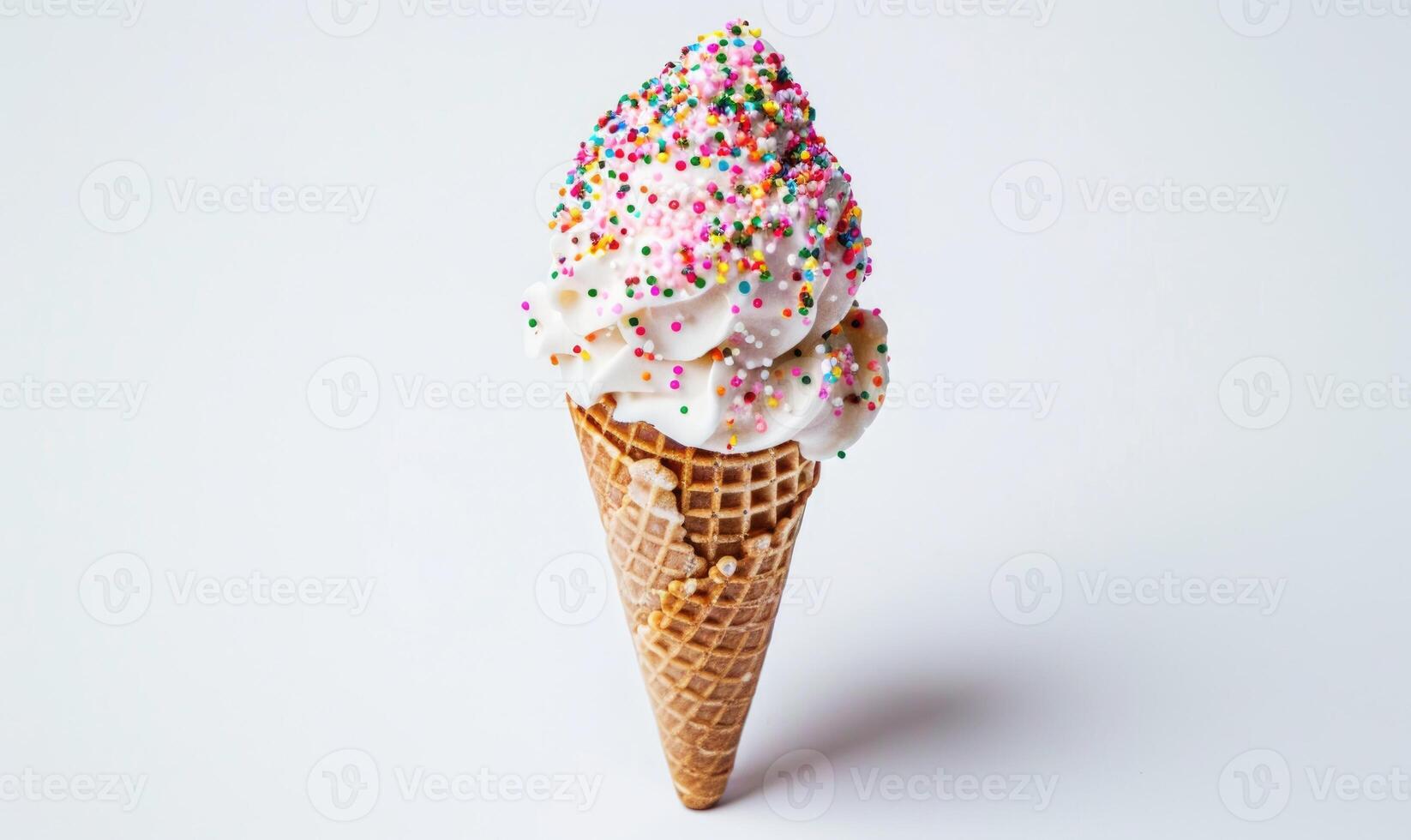 AI generated Ice cream cone with sprinkles on white background photo