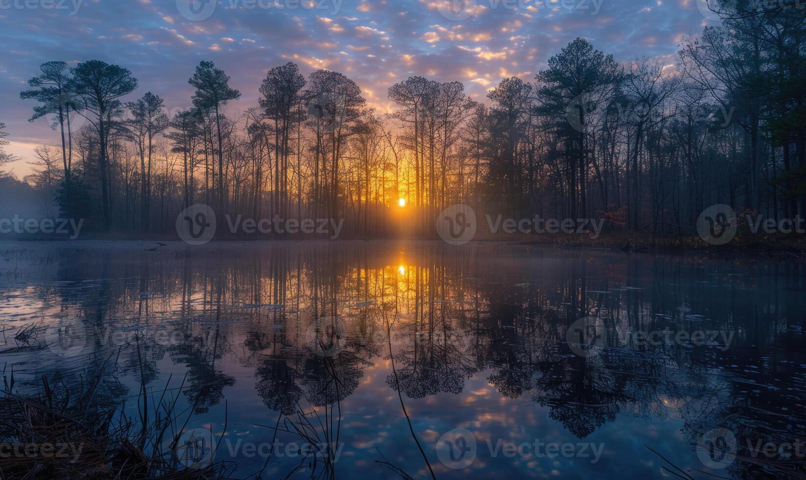 ai generado brumoso amanecer terminado el lago con reflexiones de arboles en el agua foto