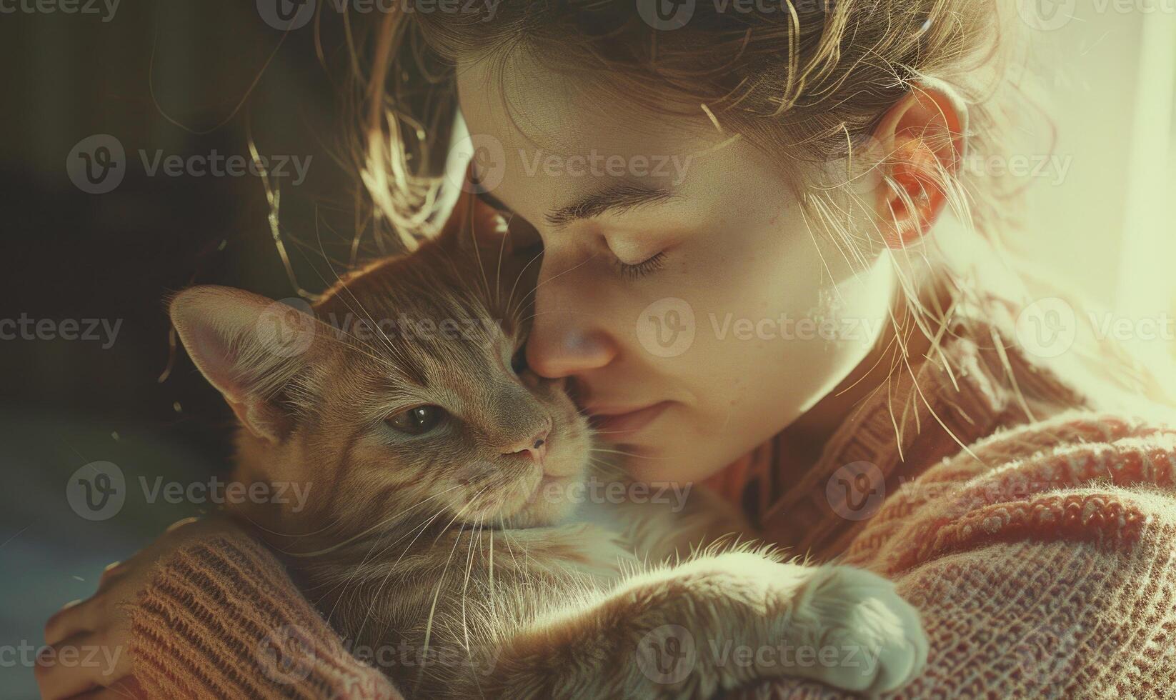 AI generated Beautiful young woman with her cat at home on the windowsill photo