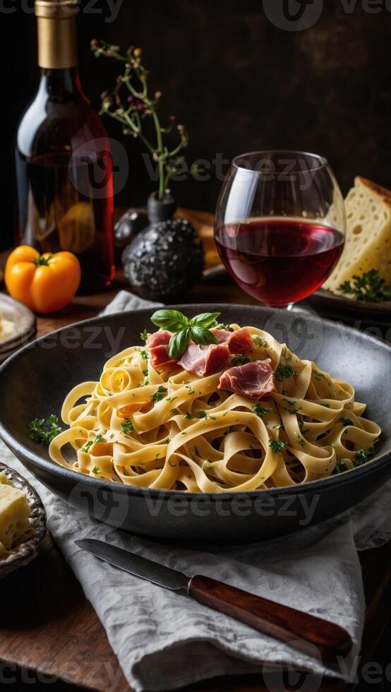 AI generated Pasta with meat, vegetables and wine photo