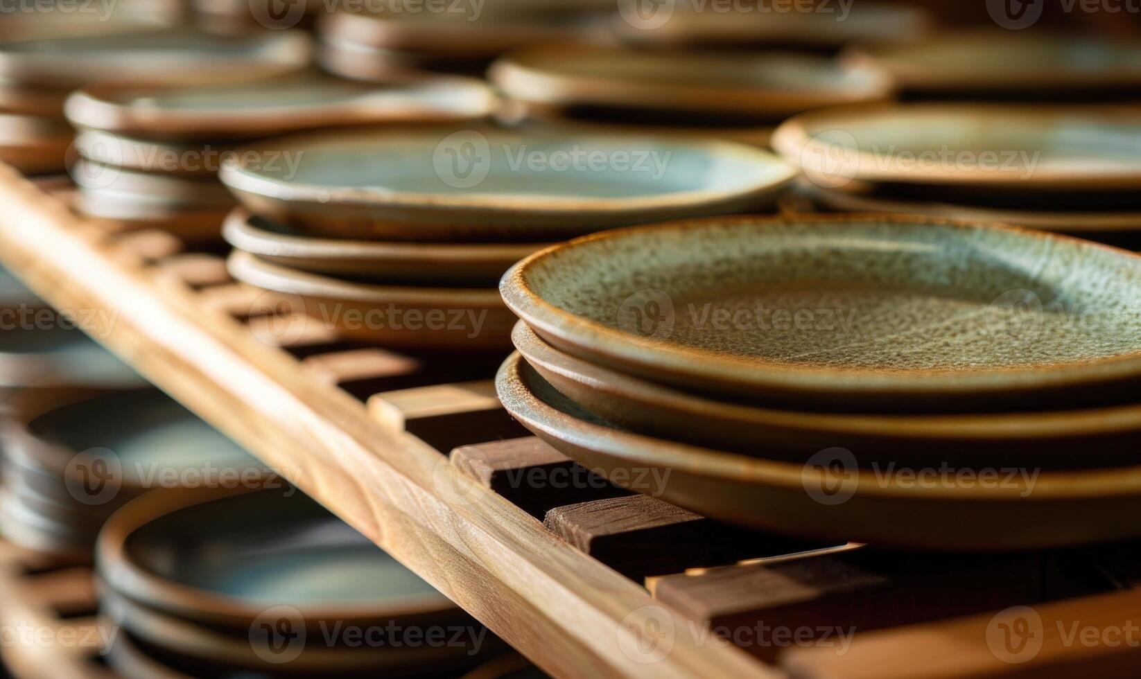 AI generated Ceramic tableware in a row. Selective focus. photo