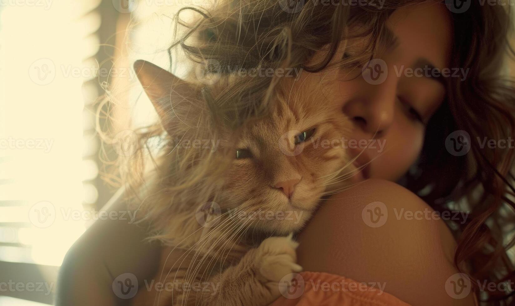 ai generado hermosa joven mujer con su gato en el habitación a puesta de sol. foto