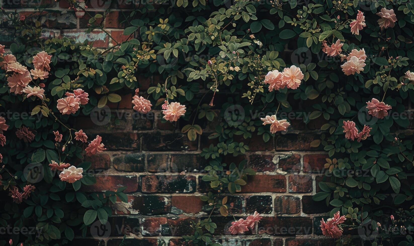 AI generated Beautiful roses on brick wall background with copy space. photo