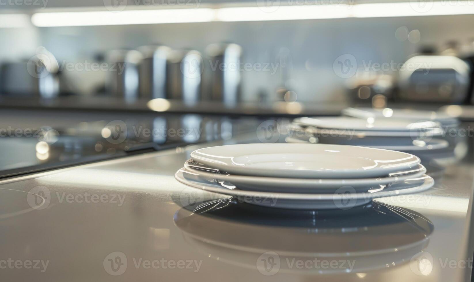 AI generated Close up of clean white plates in a row in a food factory photo