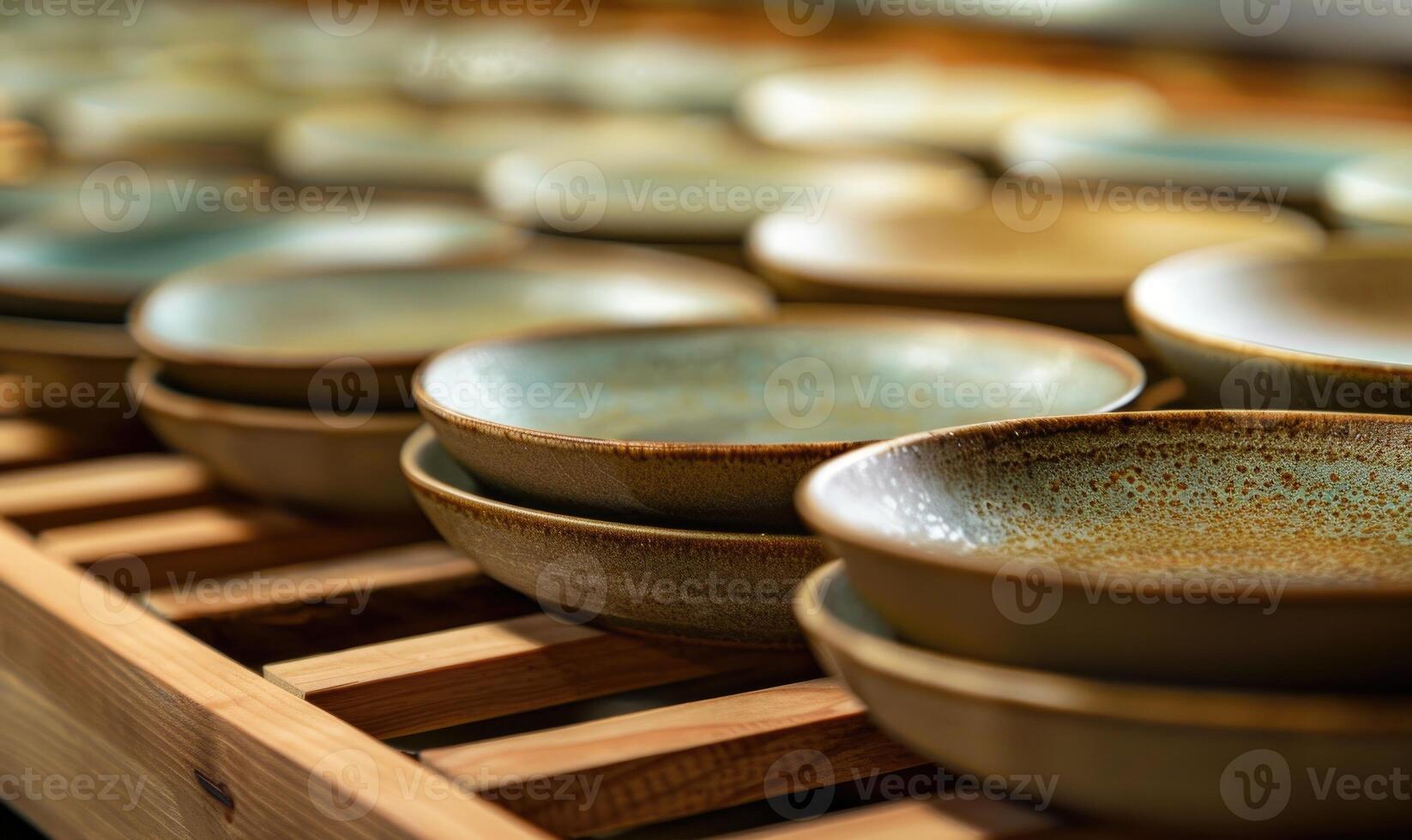 AI generated Ceramic tableware in a row. Selective focus. photo