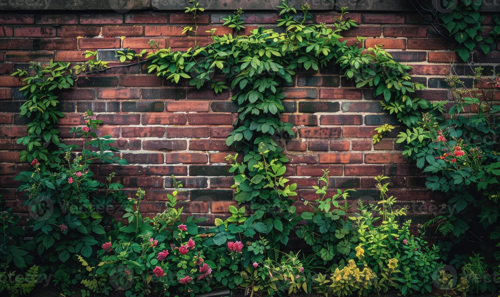 AI generated Beautiful orange roses in the garden on brick wall background with copy space photo