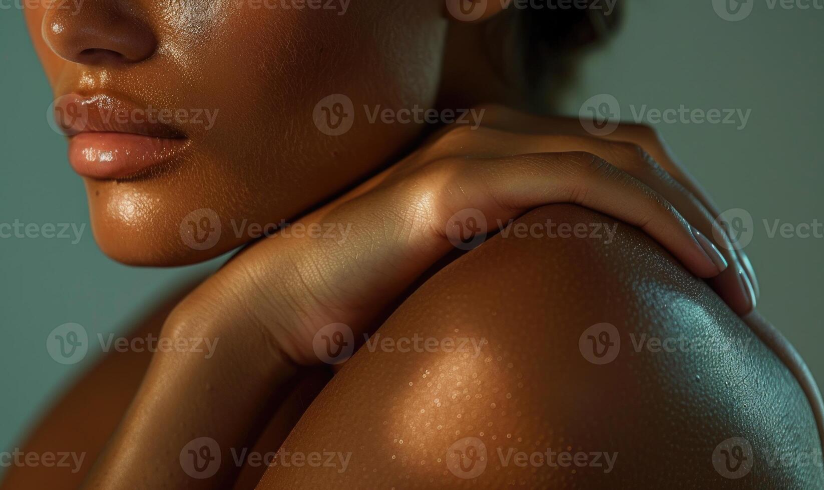 AI generated Closeup of wet female hands with wet skin on dark green background photo