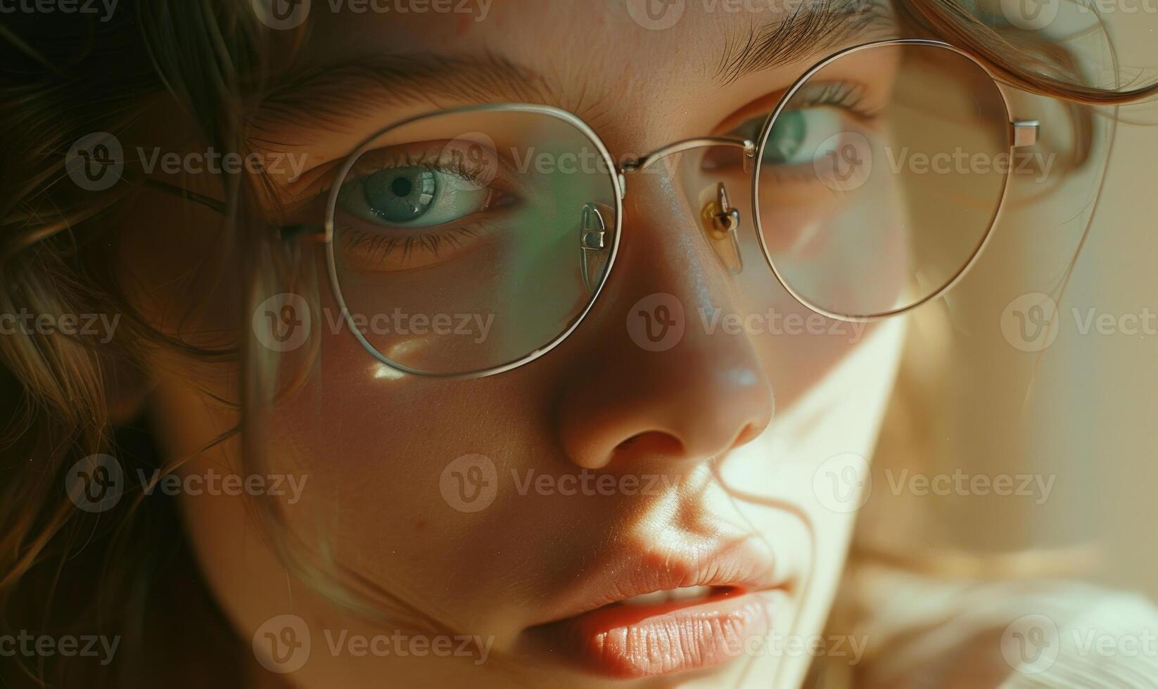 ai generado retrato de un hermosa joven mujer con lentes. suave enfocar. foto