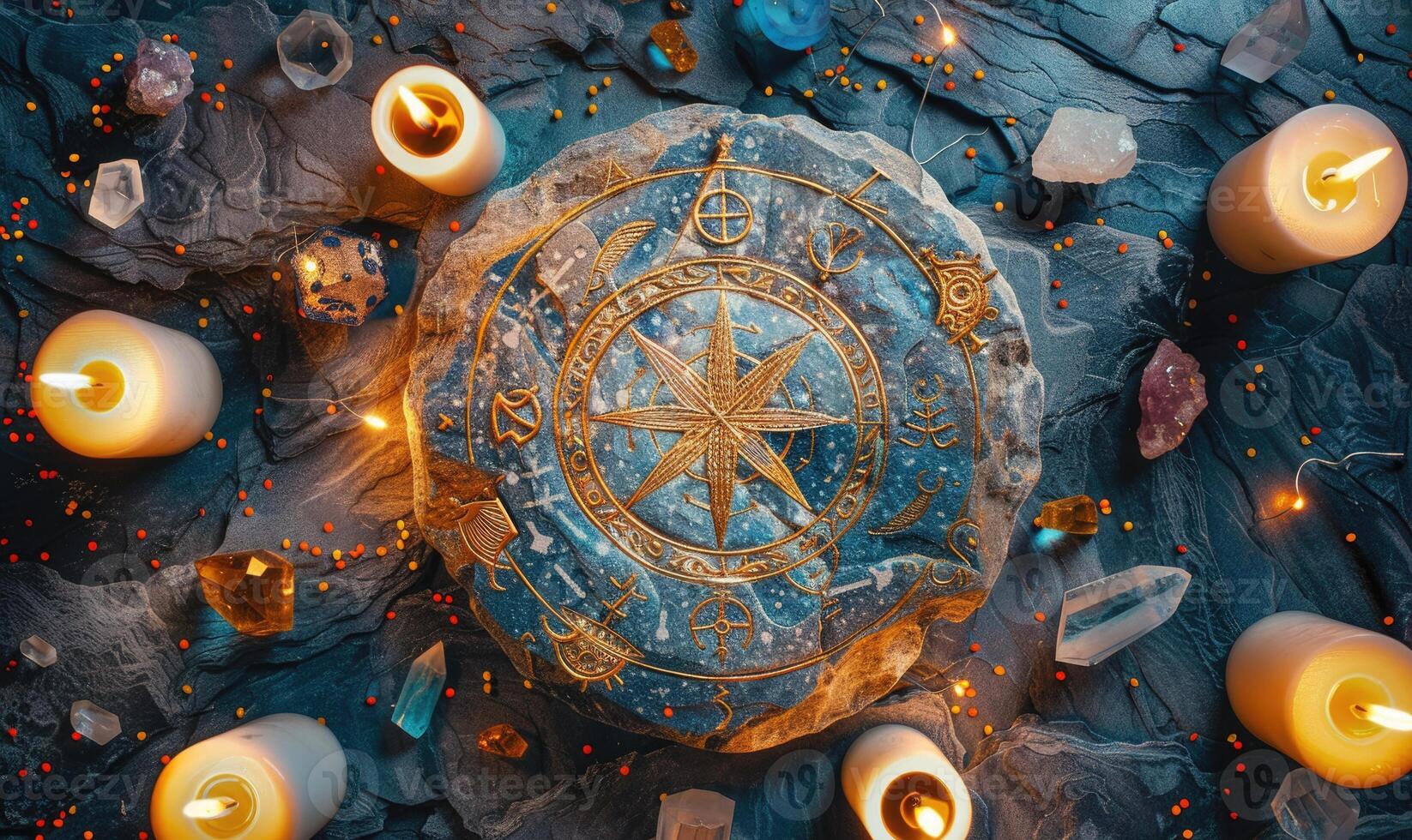 AI generated Ancient astrological sign of Zodiac and burning candles on a dark marble background photo