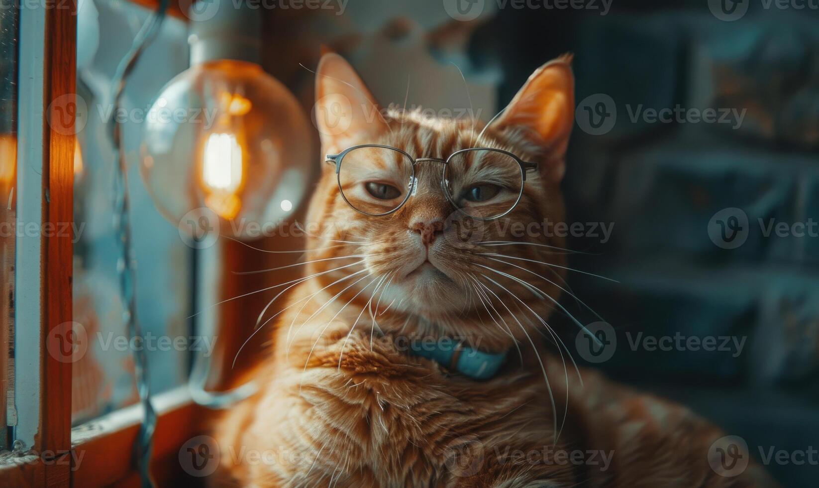 AI generated Cute ginger cat wearing eyeglasses and looking at camera. photo