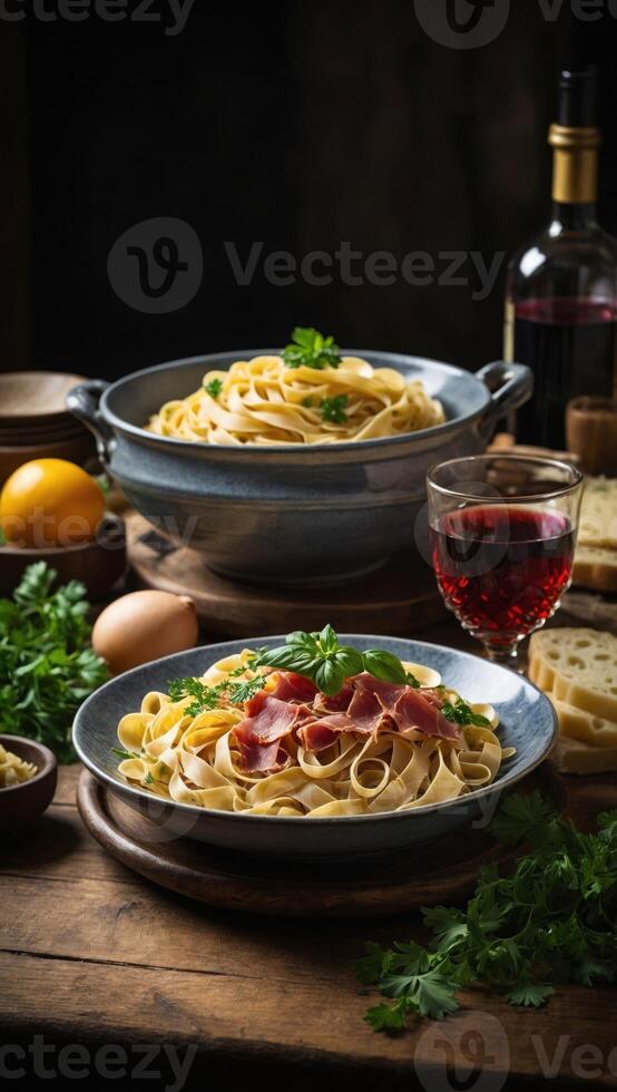 AI generated Pasta with meat, vegetables and wine photo