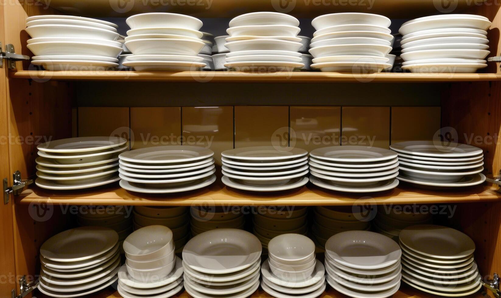 AI generated Dishware in a shelf in a restaurant, closeup of photo