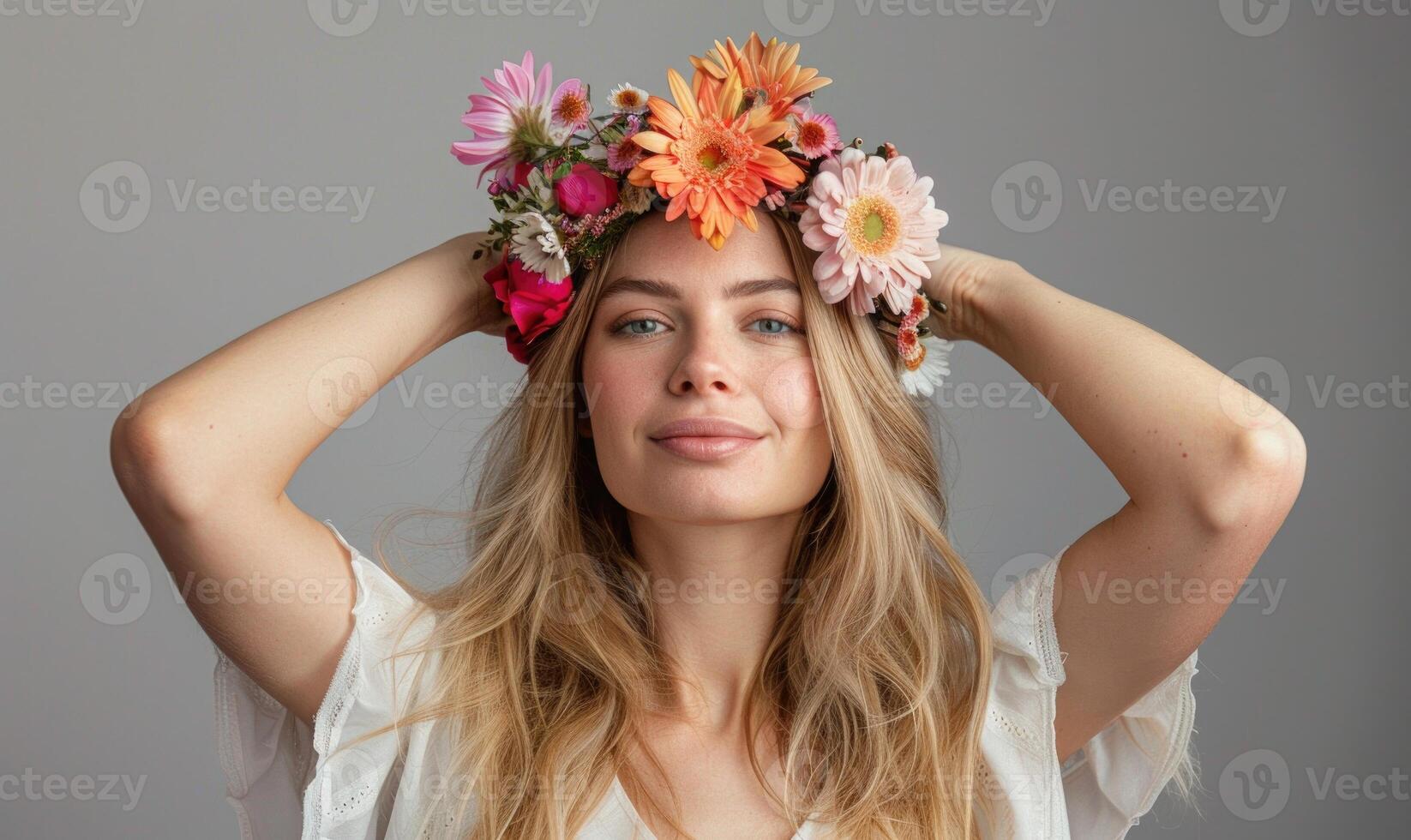 ai generado hermosa joven mujer en un guirnalda de flores en su cabeza foto