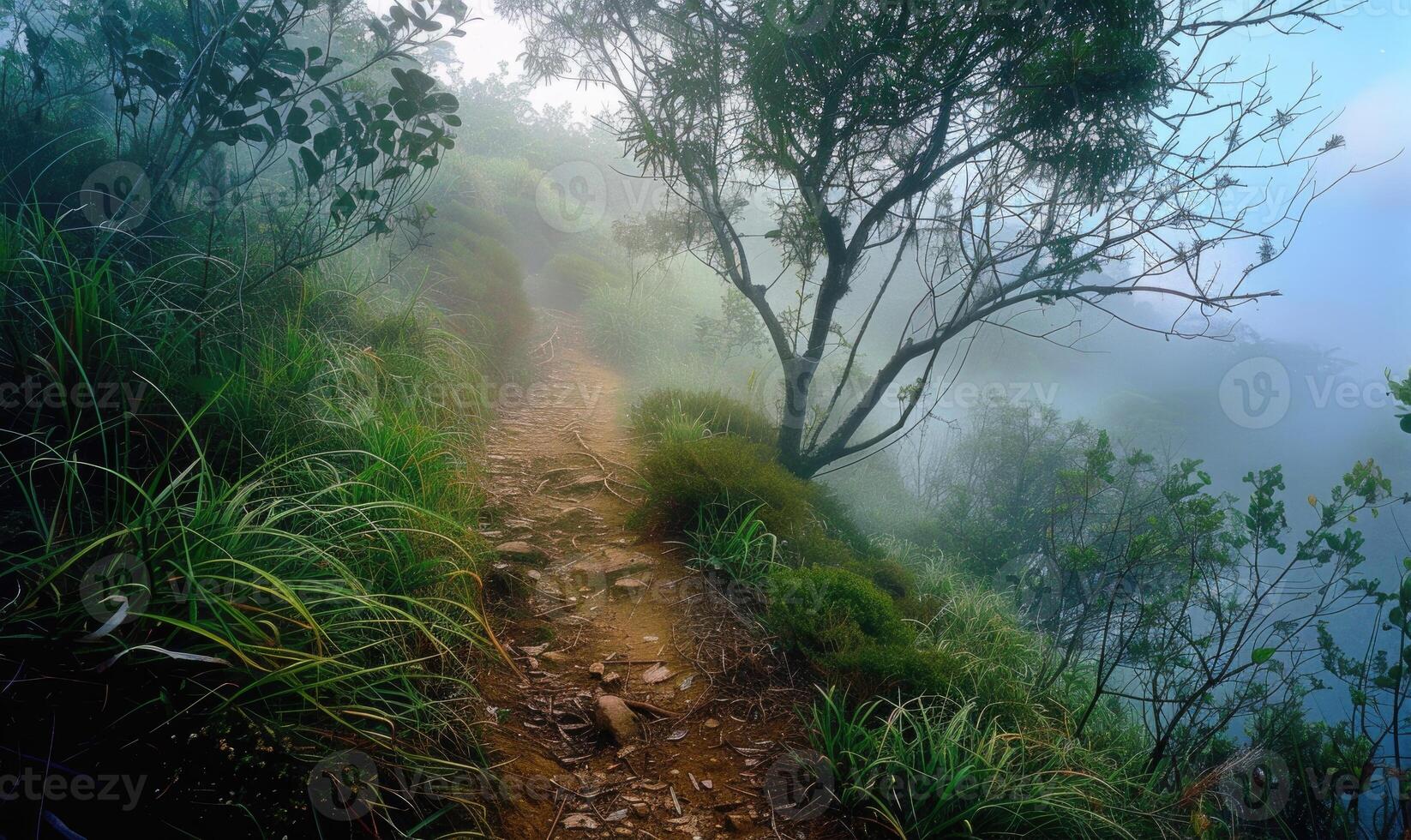 AI generated Mysterious dark forest with mossy trees and fog in the background photo