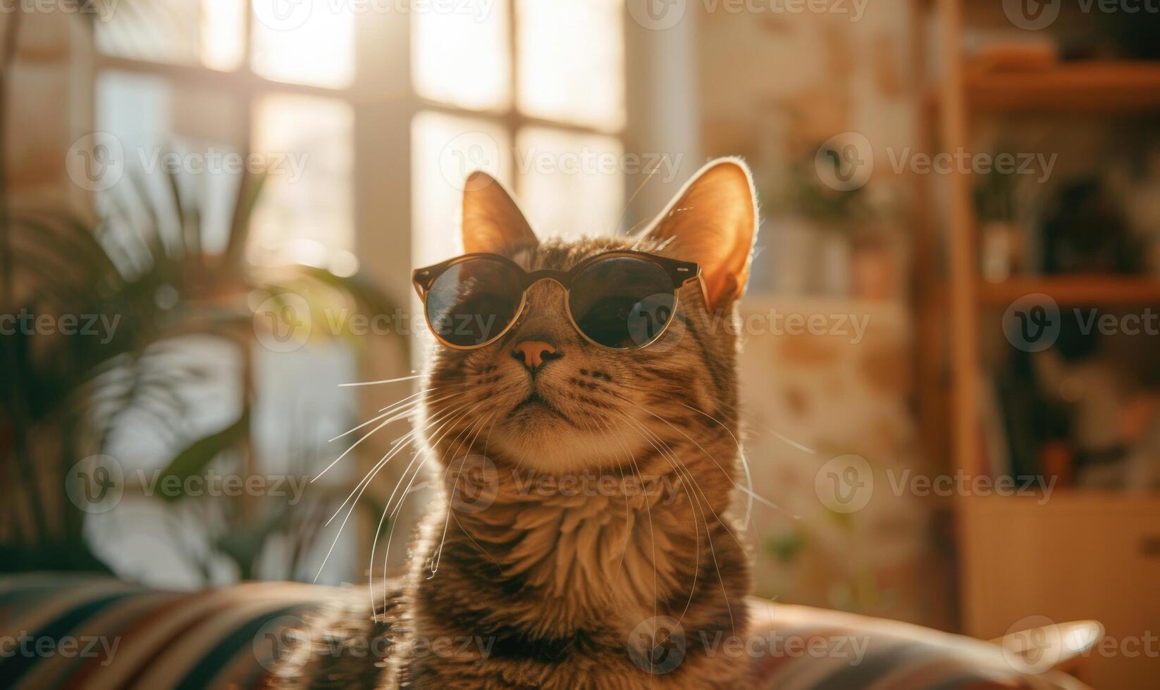 AI generated Cute cat in sunglasses sitting on sofa at home, closeup photo