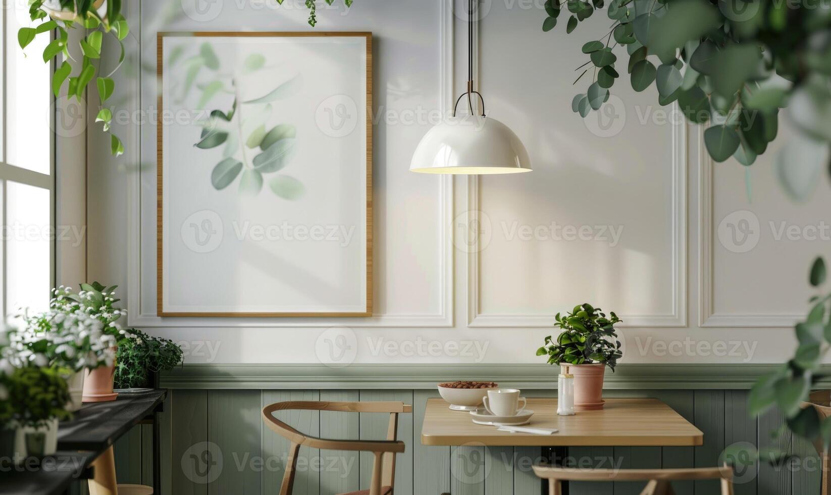 ai generado interior de moderno café con blanco paredes, verde plantas y de madera mesas. blanco marco en el pared. menú Bosquejo foto