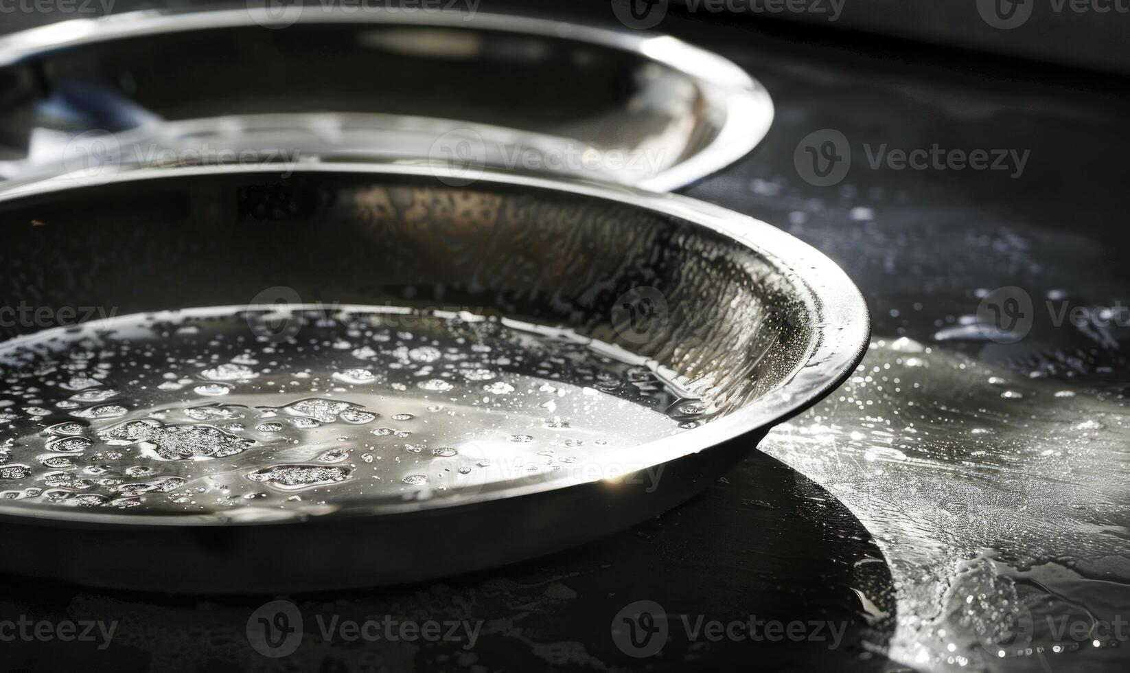AI generated Set of silver round plates on a white fabric background. Selective focus. photo