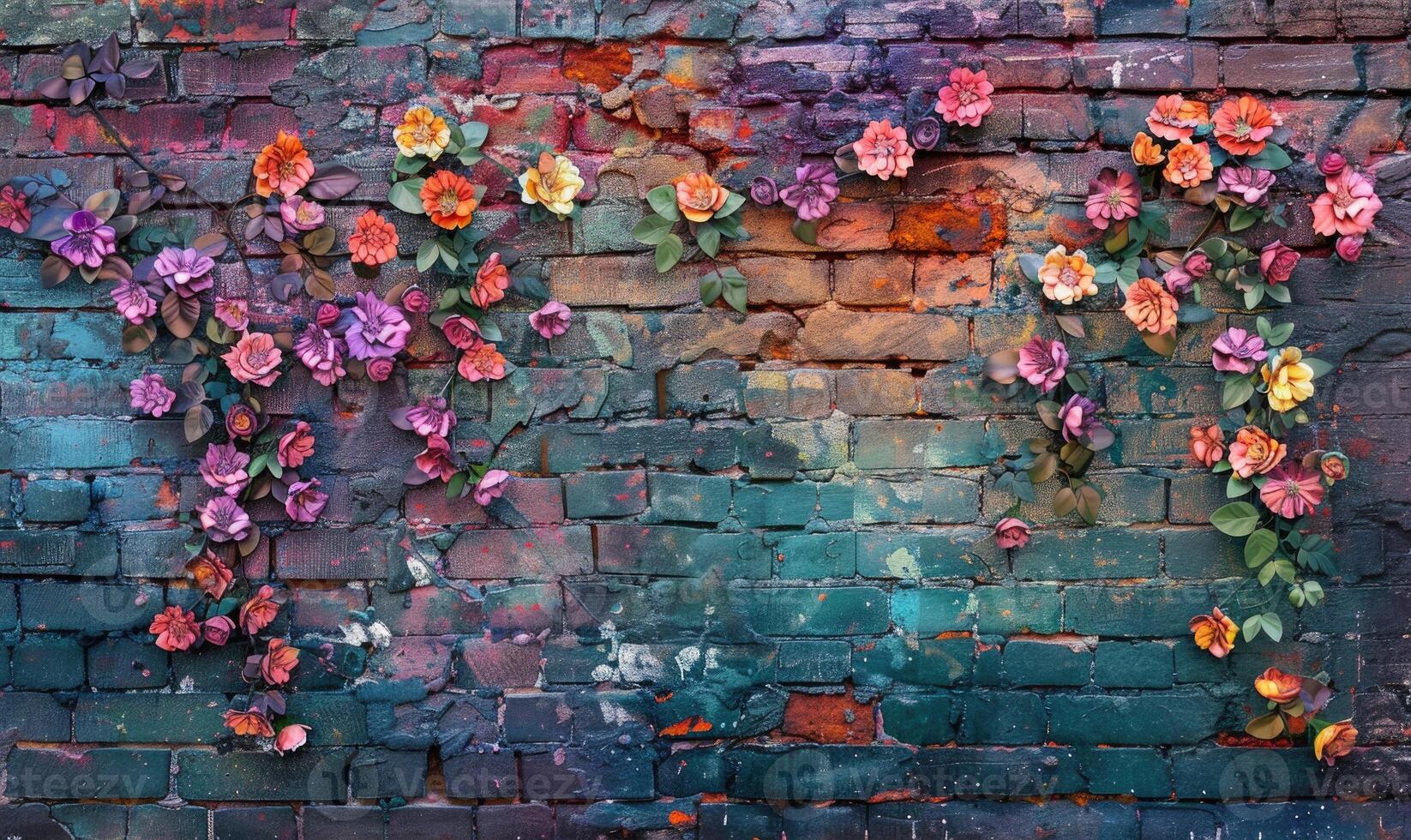 AI generated Pink roses on old white brick wall background with grunge texture. Copy space for text. photo