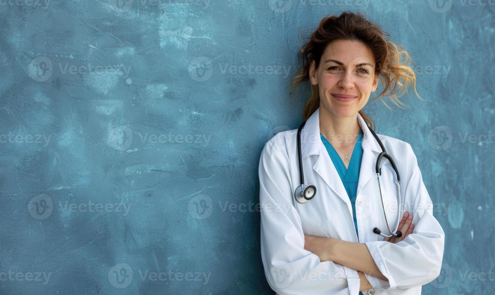 AI generated Portrait of a smiling female doctor standing with arms crossed against blue background photo