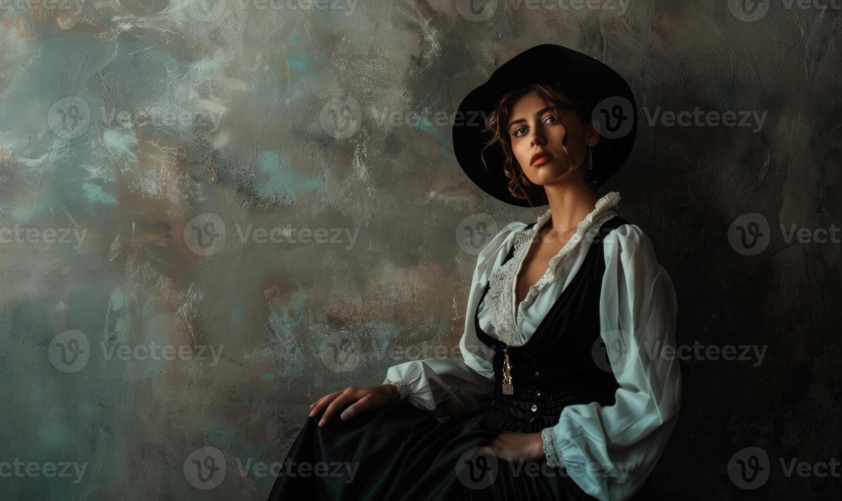 AI generated Portrait of a beautiful young woman in a black hat and a white shirt. photo