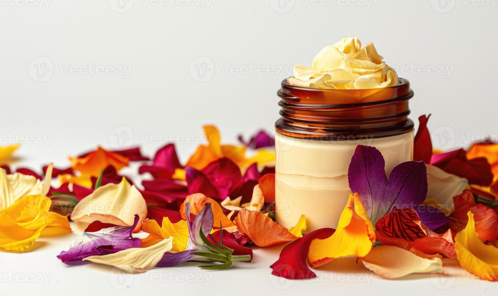 AI generated Creme jar blank mockup adorned with flower petals in various hues photo
